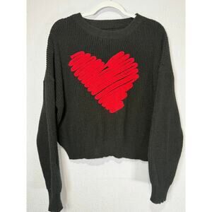 Black Cropped Heart Sweater Coquette Indie Grunge Soft M Romantic Chunky Knit